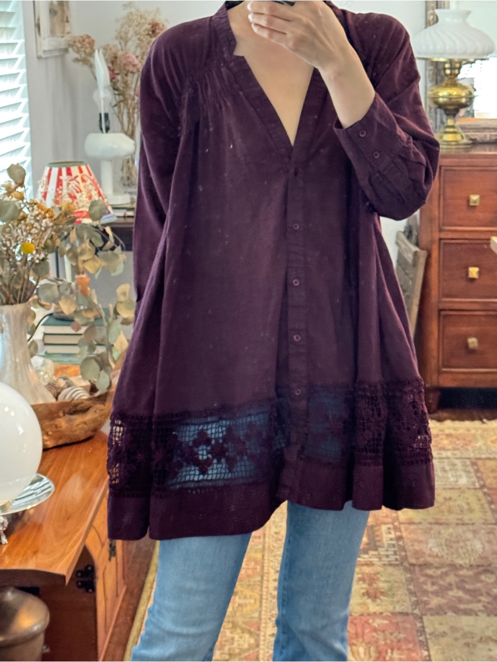 Free People Women's Plum Crochet Hem Tunic Button Blouse Size XS